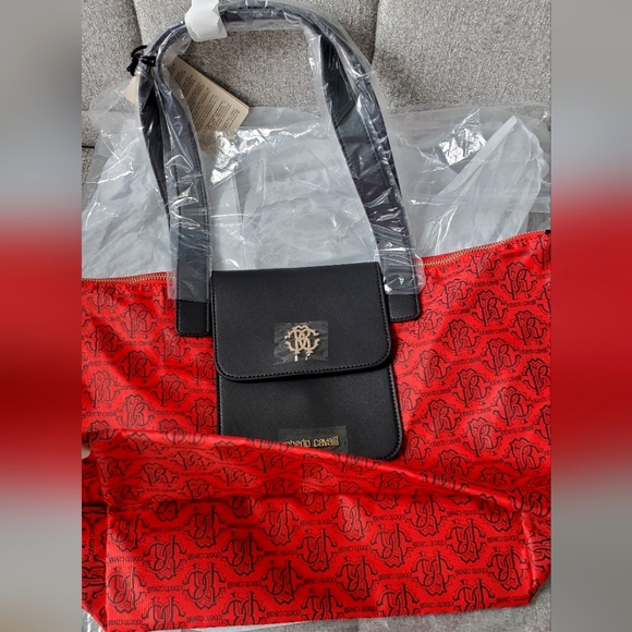 Roberto Cavalli Nylon Red/Black Logo Pattern Folding Medium Shopper Tote Bag - Picture 3 of 7